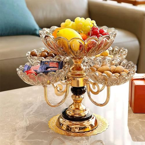 European Style Gold Fruit Tray Decorations, Classic Fruit Basket with Rotatable Christmas Fruit Bowl, Crystal Glass 5 Heads, Decorative Metal Plate for Party - Beautiful Wedding Gift