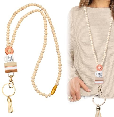 JAONLD Schlüsselband mit Kartenhülle Umhängeband Schlüssel Naturholzperlen Schlüsselband Mädchen Geeignet für Lehrer, Krankenschwestern, Ärzte, Studenten