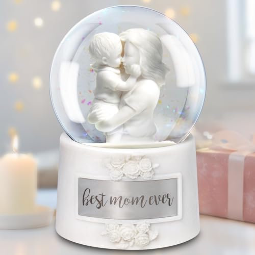 Mom Snow Globe Music Box, Wind-up Musical Water Globe with Mother and Son Figurine and Best Mom Ever Plaque, Mothers Day Birthday Gift for Mom from Daughter Son