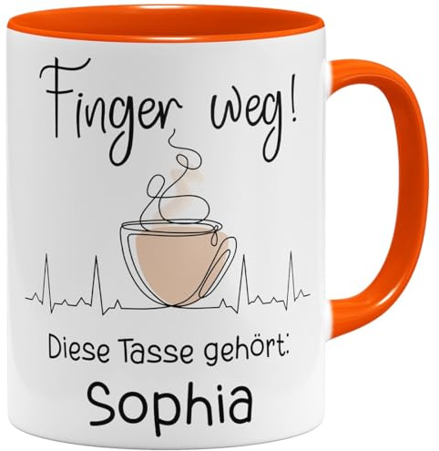 OM3® bedruckte Kaffee-Tasse mit Spruch - Finger weg diese Tasse gehört Wunschname - personalisierbar | Keramik Becher | 325ml | Beidseitig Bedruckt | Orange