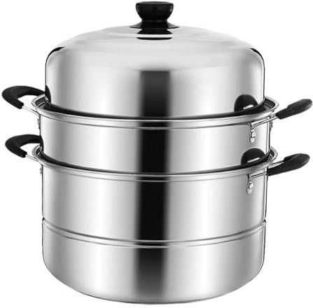 Fenteer Steamer Pot with Lid Steam Pot Thick Bottomed Stainless Steel Portable Cookware 3 Tier Food Steamer for Cooking for Food Rice, 30CM