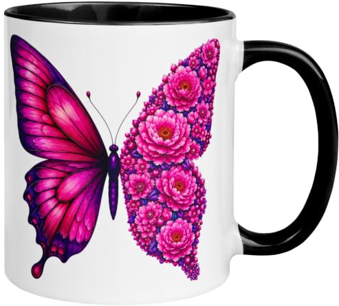 Blumen Tasse | Pinker Butterfly mit Pfingstrosen & Blüten | Schmetterling | Pfingstrosen Cosmeen Chrysanthemen Dahlien Rosenknospen
