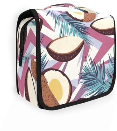 Trousse à cosmétiques en noix de coco avec crochet de suspension pour femme - Motif feuilles de palmier