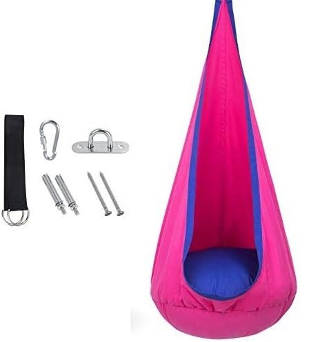 Sedia a dondolo per bambini, 160 x 79,5 cm, seduta sospesa in cotone con tasche portaoggetti, capacità 79,8 kg, blu e verde (rosa)