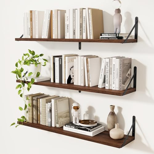 Feihorrm 3er Set Bücherregal, Wandregal Walnuss, Regal 90cm Breit | Wandregal Holz, Bücherregal Wand, Regale für Wände, Bücherregal Holz für Wohnzimmer, Schlafzimmer & Arbeitszimmer