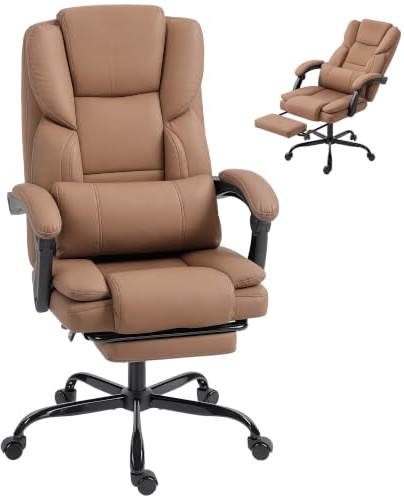 HOMCOM Sedia Ufficio Ergonomica Reclinabile 140° Poggiapiedi Marrone | Cuscino Lombare, Sedia Scrivania Girevole, Braccioli Imbottiti, Altezza Regolabile