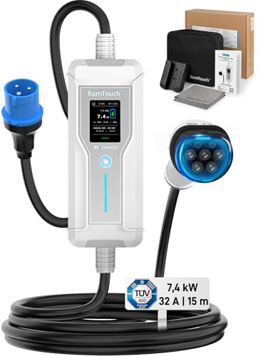 RamTouch Portable EV Charger (7.4 kW, 32A, 15 m, IP67) | CEE 32 A Commando Plug to Type 2 | Mode 2 Fast Charging Cable with Adjustable 6A–32A, Smart Timer & LCD, AC/DC RCD Protection for EVs & PHEVs