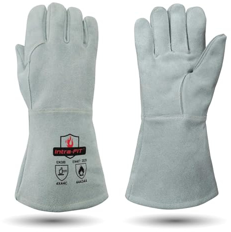Intra-FIT Leder Grillhandschuhe Kaminhandschuhe–Hitzebeständig bis 500 °C,feuerfestes Rinds-Spaltleder,EN407 & EN388,lange Stulpen für Ofen, Feuerstelle, Schweißen, Schmiede, BBQ & Feuerwehr(Grau,XXL)