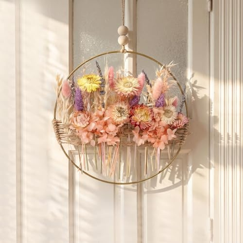 Qivra Trockenblumenkranz Bunt, 25 * 25cm Türkranz Deko, DIY Natur Trockenblumenkranz Ring, Frühlingskranz Sommerkranz Girlande Homedeko Hochzeitsdeko, Tür Wand Dekoration
