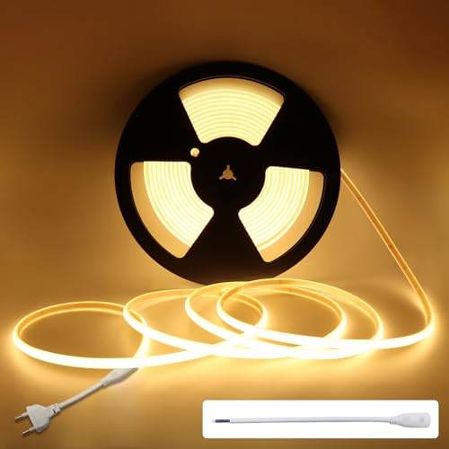 MALIIGAZA COB LED Streifen 230V 10m Warmweiß 3000K IP67 dimmbar | 296 LEDs/m, direkt an AC 230V ohne Trafo, zuschneidbar alle 12,5 cm, PVC Schlauch für Innen & Außen