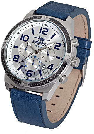 FIREFOX Skydiver FFS20-104 Silber/blau/Carbon Edelstahl Lederarmband Dornschließe Herrenuhr Chronograph 10 ATM Prüfdruck