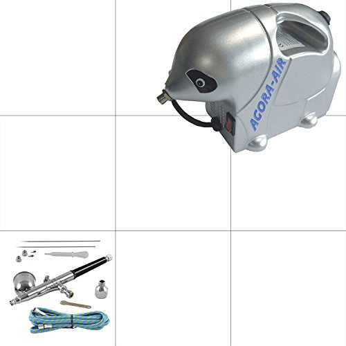 Agora-Tec® Airbrush Komplett-Set STARTER II inkl. Kompressor mit 2,8 bar & 13l/min + 1 Stück Double Action Airbrushpistole mit 0,2 & 0,3 & 0,5mm Nadeln/Düsen + 1,8 Meter Schlauch