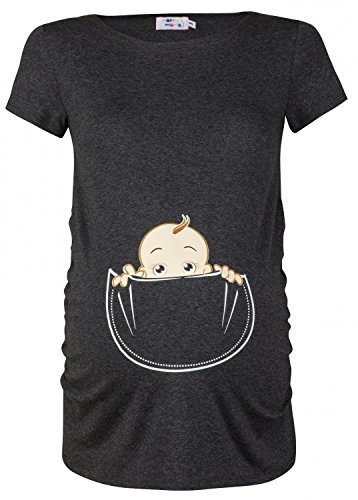 HAPPY MAMA. Femme Chemise Top Grossesse Humour imprimé bébé dans la Poche. 501p (Graphite Mélange, 36-38, S)
