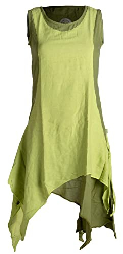 Vishes - Alternative Bekleidung - Ärmelloses Zipfeliges Lagenlook Kleid/Tunika aus handgewebter Baumwolle Olive-hellgrün 40