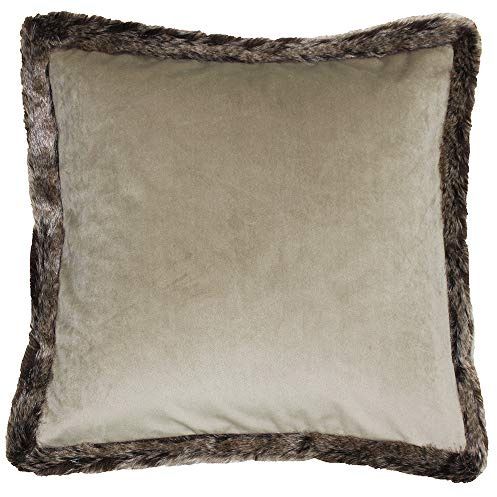 Riva Paoletti Kiruna Square Feather Filled Cushion - Taupe Beige Velvet Look and Feel - Faux Fur Edging - Reversible - Hidden Zip Closure - 100% Polyester Case - 45 x 45cm (18 x 18 inches)
