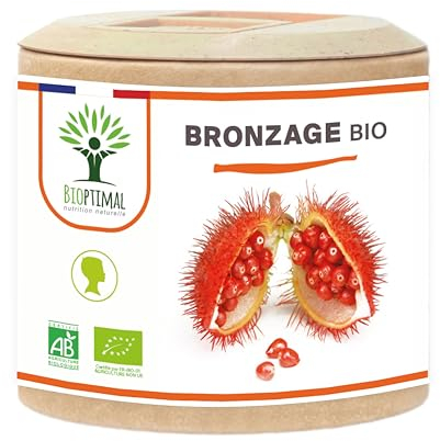 Autobronzant Naturel - Bioptimal - Complément Alimentaire - Activateur Accélérateur de Bronzage de la Peau- 100% Poudre Urucum Bio - Gélule Vegan - Fabriqué en France - Certifié Ecocert - 60 gélules