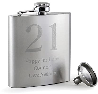 Personalised 21st Birthday Brushed Stainless Steel Hip Flask | This Personalised 21st Birthday Stainless Steel Hip Flask makes a wonderful engraved gift