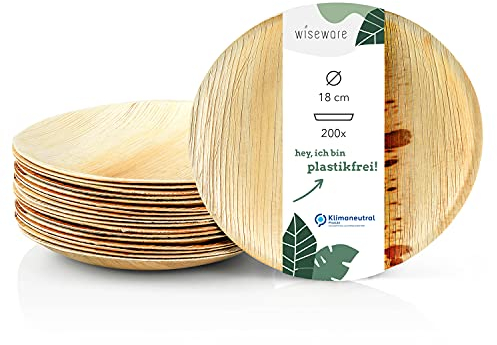 Wiseware Piatti in foglia di palma, 200 pezzi, piatti usa e getta, rotondi, Ø 18 cm, stoviglie biodegradabili in foglia di palma, stoviglie compostabili, stoviglie monouso biologiche
