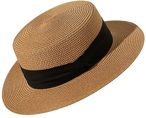 Lanzom Sun Hats for Women Wide Brim Straw Boater Hat Foldable Packable Beach Hat for Summer Fit Size 6 8/7-7 1/4, Khaki, M/L