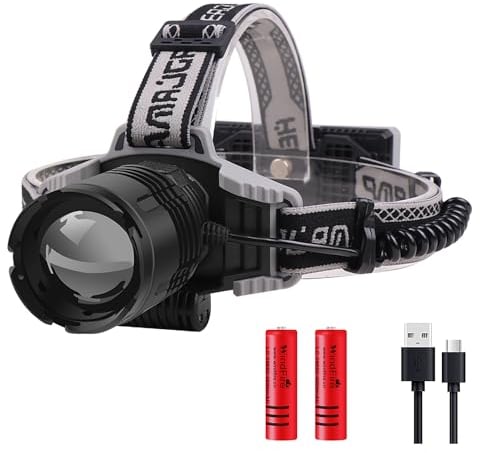 Head Torch Rechargeable, 90000 Lumens XHP70 Headlamp Headtorches LED Super Bright Zoomable Headlight Digital Power Display 4 Modes Waterproof Red & Blue Warn Light for Climbing, Fishing, Camping