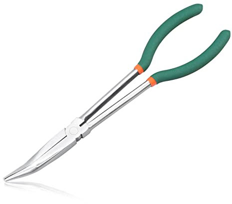 LEONTOOL 11 Inch Bent Nose Pliers 30 Degree Long Reach Pliers with Serrated Teeth Straight Extra Long for Hard-to-Reach Narrow Spaces and Limited Clearance Areas