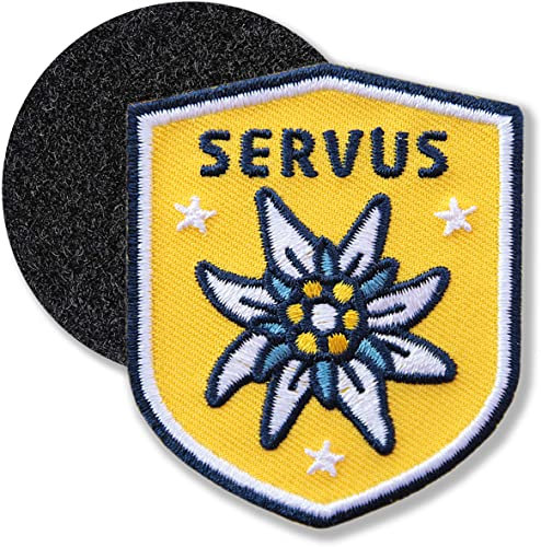 Klettpatch - Edelweiss Patch gestickt 51 x 60 mm/Klett-Patch Patches Abzeichen Stickerei mit Klett für Kleidung Rucksack Tasche/Tracht Loden Lederhose Dirndl Janker Filzhut/Club of Heroes (Gelb)