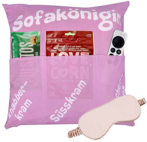 Kissenbezug mit 3 Taschen zum selber Befüllen tolles Geschenk für EIN gelungenen Sofaabend Filmabend Kissenhülle mit Schlafmaske Geschenk Kissenbezug für Frau zum Geburtstag Muttertag Valentinstag