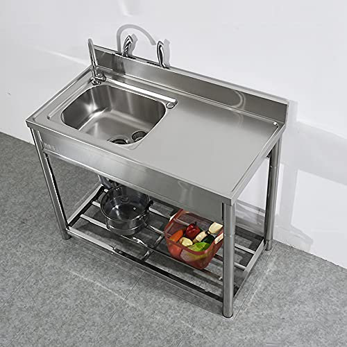 WIQUYBML Freistehende Gastronomie-Küche Haushalt Kleines Waschbecken mit doppellagiger Halterung Hoher Spritzschutz und Werkbank Gewerbliche Edelstahl-Küche Haushalt Kleines Waschbecken für drinnen u
