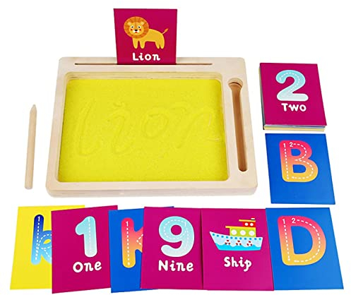 AIYING Sandkasten - -Sandtablett aus mit Holzstift zum Schreiben von Buchstaben und Zahlen,Schreibfähigkeit Gelber Sand Vorschule Kindergarten Training Lernspielzeug
