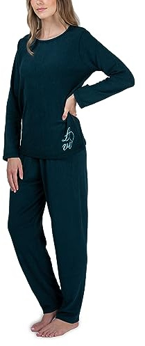 Moonline Frottee Schlafanzug Damen Pyjama mit Baumwolle | Pyjama lang von Größe S bis 4XL, weicher Baumwollmix mit Motivdruck, gemütliche Homewear, bequemer Gummizugbund, Zweiteiler