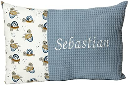 Geburtskissen Taufkissen mit Namen bestickt Waffelpique Blau mit Schildkröten Geschenk zur Geburt Taufe 25x40cm