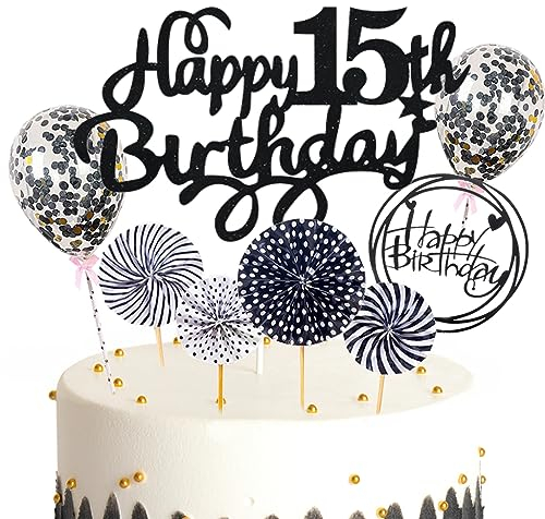 Feelairy Tortendeko 15. Geburtstag Mädchen Jungen, Schwarz Kuchen Deko 15. Geburtstag Mädchen Jungen Cake Topper Happy Birthday Ballon Konfetti für Geburtstagstorte Deko 15 Jahre Kinder