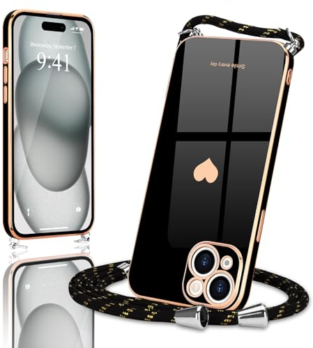 Wirvyuer Handyband Kompatibel mit iPhone 15 Handyhülle Necklace Hülle mit Band zum Umhängen Kameraschutz Liebesherz Schutzhülle mit Halsband Galvanik Silikon Umhängetasche für iPhone 15 Schwarz