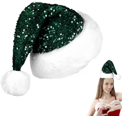 POPOYU Weihnachtsmütze mit Pailletten, grün, flauschige Weihnachtsmannmütze für die Weihnachtsfeier, Pailletten1P