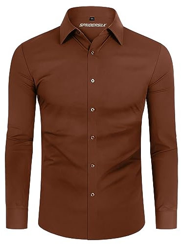 DEMEANOR 4-Way Stretch Mens Shirts Long Sleeve Muscle Fit Formal Dress Shirts for Men Non Iron Casual Shirts Business Wedding Work Brown