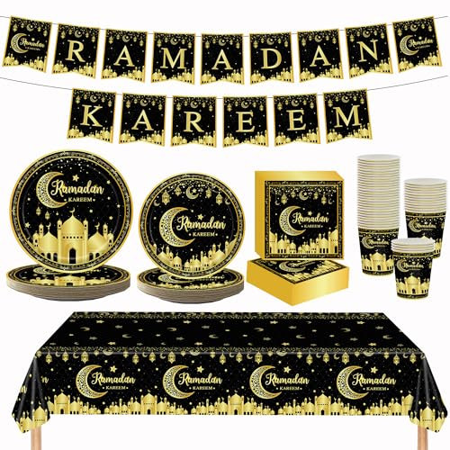 Service de table pour Ramadan Mubarak - Assiettes, tasses, serviettes, nappes, bannière pour Ramadan et l'Aïd Mubarak - Pour 24 invités (noir, doré)