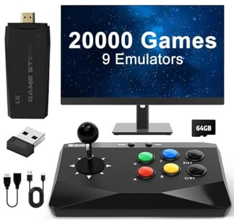 Retro Games Console Mini Arcade, Retro Arcade Machine with Wireless Joystick, 64GB 10000 Games, 4K TV HD Game Stick Connects to PC/Android/ios/M8, 9 Emulators Compatible