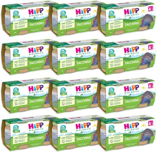 HiPP - Omogeneizzato di Carne Biologico per Neonati, Gusto Tacchino, Senza glutine, Senza Sali e Aromi Aggiunti, Carne Bio, 24 Vasetti da 80 g