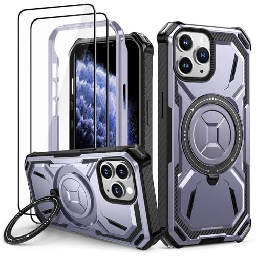 Lanhiem Handyhülle für iPhone 11 Pro Hülle mit 2 Stück Panzerglas und 360° Ring Ständer, Militärischer Stoßfest Schutzhülle für iPhone 11 Pro Case, Lila