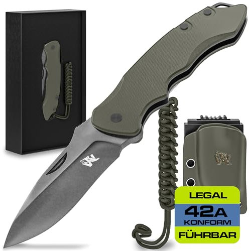 Wolfgangs FEROX Klappmesser aus D2 Stahl und Ebenholz-Griff - Legales Outdoor Survival Taschenmesser - Leder Holster