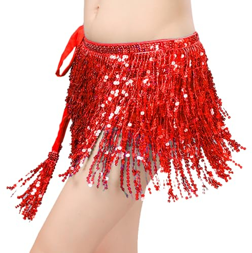 TECHEEL Glitzer Rock Damen Pailletten Rock Rot Pailletten Quaste Rock Quastenkarnevalsrock Röcke Rave Outfit Bauchtanz Kostüm Karneval Kleid Party Glänzender Bauchtanz Rock Damen Belly Dancer.