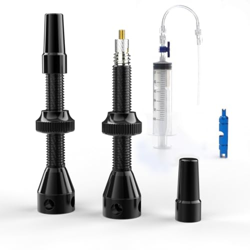 Shredr. Tubeless Ventile Set, schwarz | Komplettes Set inkl. Tubeless Spritze | Superleicht Alu, Black eloxiert, französisches Ventil Presta, 44mm für MTB-Felgen