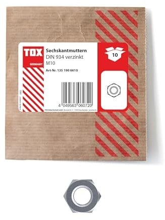 TOX Sechskantmuttern M10, galvanisch verzinkt, DIN 934, vielseitig einsetzbar, Heim- und Handwerker, 10 Stück in einer wiederverschließbaren und umweltschonenden Papierverpackung, 1351906610
