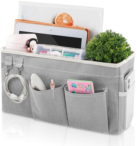 WENYA Large Bedside Pocket Organiser, Bunk Bed Hanging Storage Caddy with Hooks and Pockets for Bunk Beds Rails Book Phone Glasses Storage (Grey)