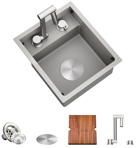 TORVA Chrom-Arbeitsstation-Unterbauspüle für Bar-Wohnmobilküche mit eingebautem faltbarem Wasserhahn – 16 Gauge Edelstahl, 33,1 x 38,1 x 17,8 cm