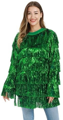 U LOOK UGLY TODAY Weihnachtspullover Damen Tinsel Fringe Pullover Tanz Kostüm Fringe Trimming Glänzende Metallisch Folie Lustiger Chunky Festlicher Pullover für Party Langarm Grün L/XL