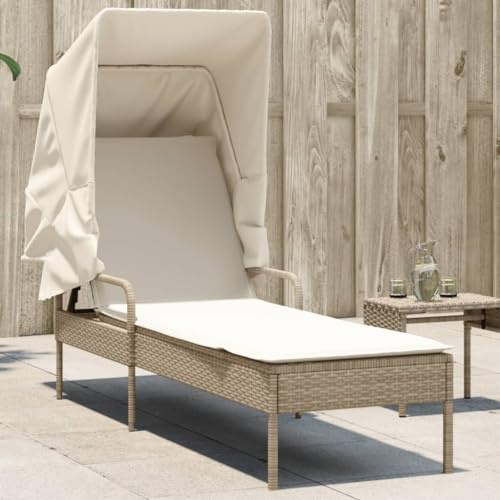 Rantry Sonnenliege mit Baldachin beige aus Polyrattan, Möbel, Sonnenliegen, Schlafsofa, Pool-Liege, Sonnenliege für den Garten