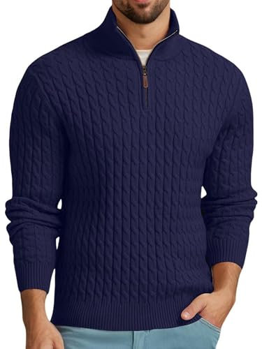 QIXING Men's Cable Knit Jumper Quarter Zip Mock Neck Cable Pattern Sweater Soft Casual Tops with Ribbed Edges (Navy Blue, XL)