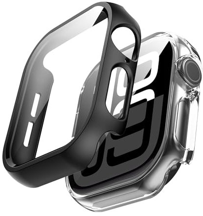 Fitudoos [2 Pezzi] Cover per Apple Watch Series 10 42mm,custodia rigida in PC con pellicola protettiva in vetro temperato, custodia protettiva tutto intorno,Anti-Caduta -1 Trasparente+ 1 Nero