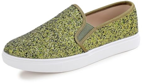 Feversole Women's Fashion Slip-On Trainer Casual Flat Loafers,Skater Pumps Trainers Sneakers Shoes Yellow Green Glitter Size 5